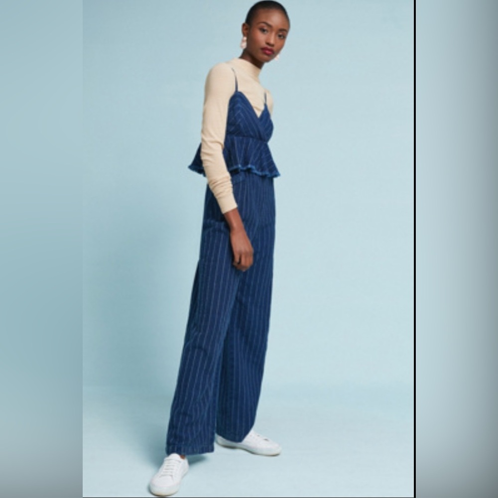 Anthropologie ett:wa Jumpsuit Womens Size XL Blue Denim Stripe Peplum Ruffle
